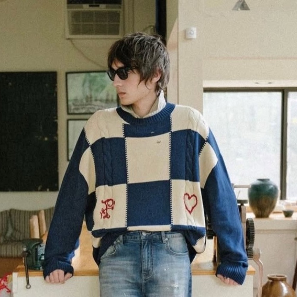 Found (formerly Profound) Checkered Fisherman Knit Sweater Navy Cream Size S - Picture 8 of 8